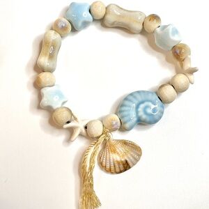 Seashell Charm Bracelet with Blue and Tan Beads